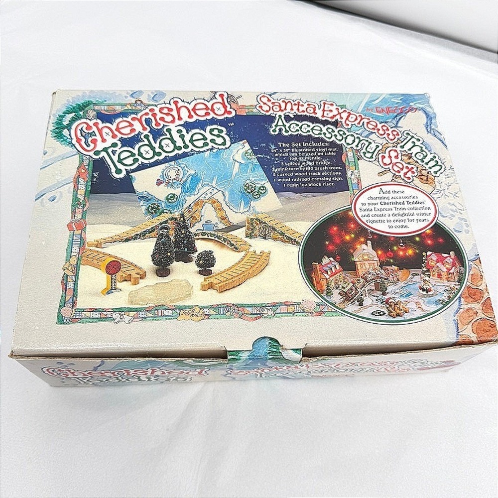 Enesco Christmas Train ACCESSORY Set Wooden Bridge Trees Bear Fabric Play Mat